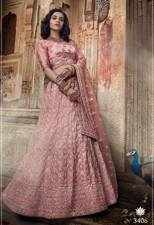 Salmon Pink Zari Work Satin Wedding & Party Wear Semi Stitched Lehenga