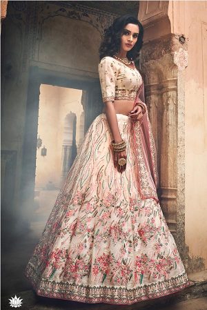 Off White Embroidered Organza Wedding & Party Wear Semi Stitched Lehenga