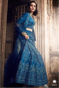 Kerosene Blue Embroidered Art Silk Wedding & Party Wear Semi Stitched Lehenga