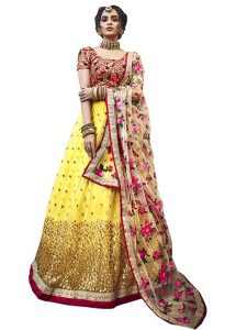 Yellow Embroidered Soft Net Wedding & Party Wear Semi Stitched Lehenga