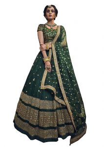 Green Embroidered Soft Net Wedding & Party Wear Semi Stitched Lehenga