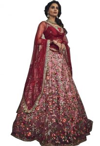 Peach, Red Zari Work Soft Net Wedding & Party Wear Semi Stitched Lehenga