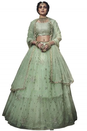 Sea Green Embroidered Soft Net Wedding & Party Wear Semi Stitched Lehenga