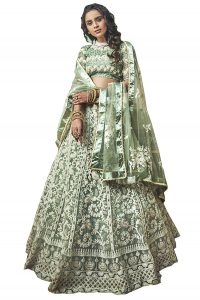 Sea Green Thread Work Soft Net Wedding & Party Wear Semi Stitched Lehenga