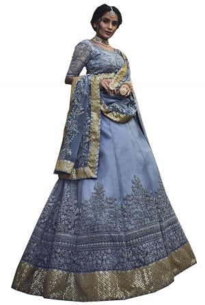 Grey Dori Work Soft Net Wedding & Party Wear Semi Stitched Lehenga