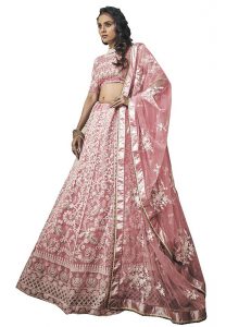 Peach Thread Work Soft Net Wedding & Party Wear Semi Stitched Lehenga