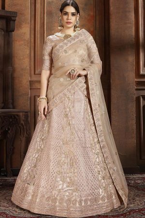 Beige Embroidered Soft Net Wedding & Party Wear Semi Stitched Lehenga