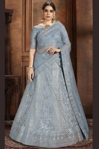 Sky Blue Embroidered Soft Net Wedding & Party Wear Semi Stitched Lehenga