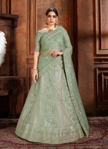 Pista Green Embroidered Soft Net Wedding & Party Wear Semi Stitched Lehenga
