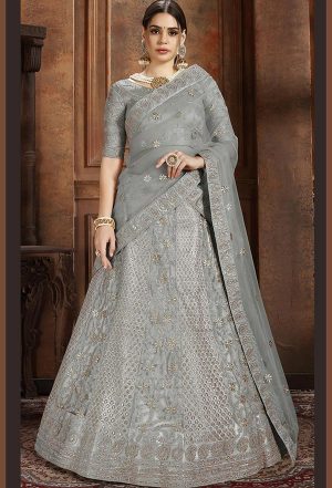 Grey Embroidered Soft Net Wedding & Party Wear Semi Stitched Lehenga