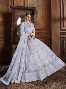 Sky Blue Embroidered Soft Net Wedding & Party Wear Semi Stitched Lehenga