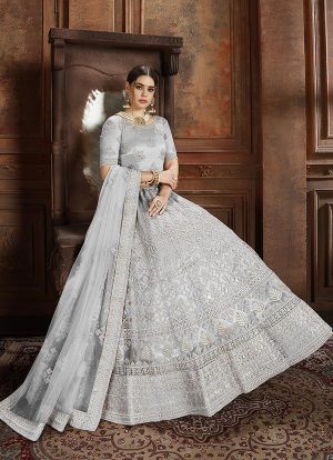 Grey Embroidered Soft Net Wedding & Party Wear Semi Stitched Lehenga