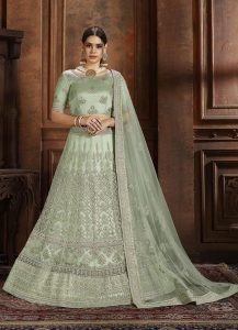 Pista Green Embroidered Soft Net Wedding & Party Wear Semi Stitched Lehenga