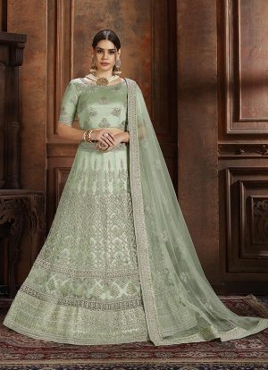 Pista Green Embroidered Soft Net Wedding & Party Wear Semi Stitched Lehenga