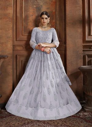 Grey Embroidered Soft Net Wedding & Party Wear Semi Stitched Lehenga