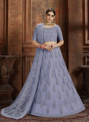 Sky Blue Embroidered Soft Net Wedding & Party Wear Semi Stitched Lehenga