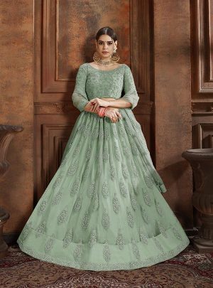 Pista Green Embroidered Soft Net Wedding & Party Wear Semi Stitched Lehenga