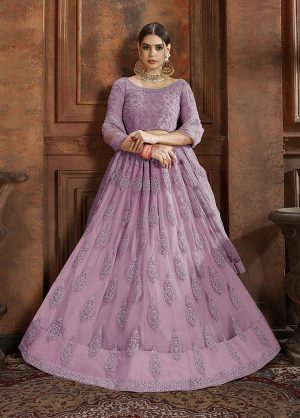 Purple Embroidered Soft Net Wedding & Party Wear Semi Stitched Lehenga