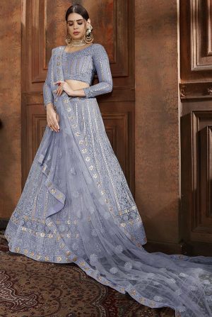 Sky Blue Embroidered Soft Net Wedding & Party Wear Semi Stitched Lehenga