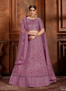 Purple Embroidered Soft Net Wedding & Party Wear Semi Stitched Lehenga