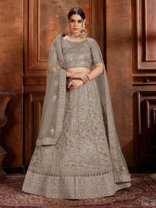 Sky Blue Embroidered Soft Net Wedding & Party Wear Semi Stitched Lehenga