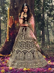 Maroon Embroidered Pure Velvet Wedding & Party Wear Semi Stitched Lehenga