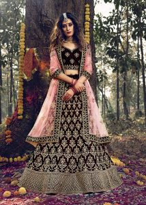 Maroon Embroidered Pure Velvet Wedding & Party Wear Semi Stitched Lehenga