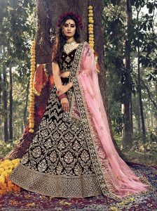 Maroon Embroidered Pure Velvet Wedding & Party Wear Semi Stitched Lehenga