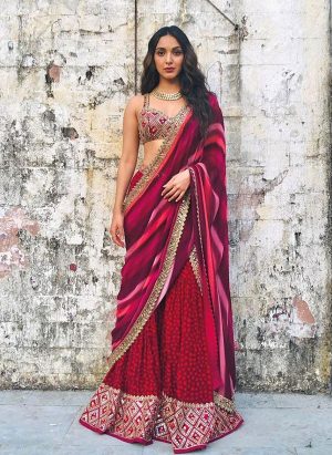 Kiara Advani Sizzles Up Navaratri Vibe At Laxmmi Bomb Promotions In Berry Red Gharara And Bralette Set Sharara Dress