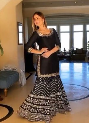 Black Georgette Fancy Thraed Jari With Sequence Work Top With Sharara