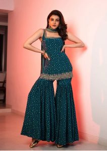 Kajal Aggarwal Latest Digital Print Dresse With Sharara And Dupatta