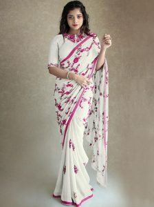 Wight Georgette Fancy Thread Dori & Sequnce Work Saree