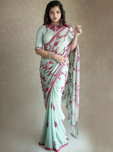 Peach Georgette Fancy Thread Dori & Sequnce Work Saree