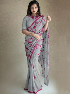 Grey Georgette Fancy Thread Dori & Sequnce Work Saree