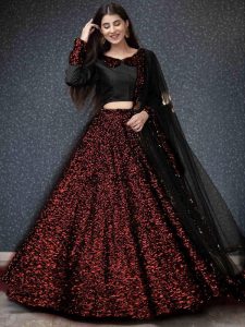 Red Sequence Work In Velvet Hevy Slub Silk Lehenga Choli