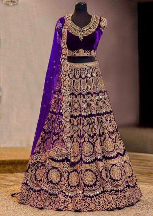 Purple Color Velvet Heavy Embroidery Wedding Season Special Lehenga Choli