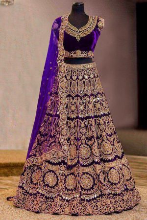 Purple Color Velvet Heavy Embroidery Wedding Season Special Lehenga Choli