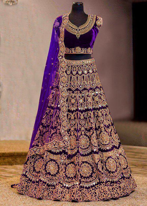 Purple Color Velvet Heavy Embroidery Wedding Season Special Lehenga Choli