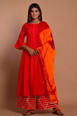 Red Cotton Hand Block Print Kurta Plazzo Sets