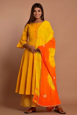 Yellow Cotton Hand Block Print Kurta Plazzo Sets