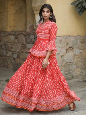 Red Lehenga Styled With Pure Hand Block Printed Paplum Top And Dupatta