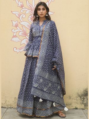 Navy Blue Lehenga Styled With Pure Hand Block Printed Paplum Top And Dupatta