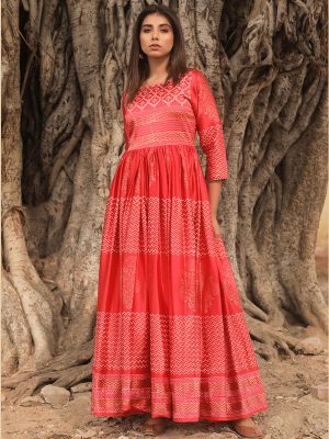Pure Hand Block Printed Madras Silk Red Gown
