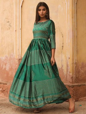 Pure Hand Block Printed Madras Silk Green Gown