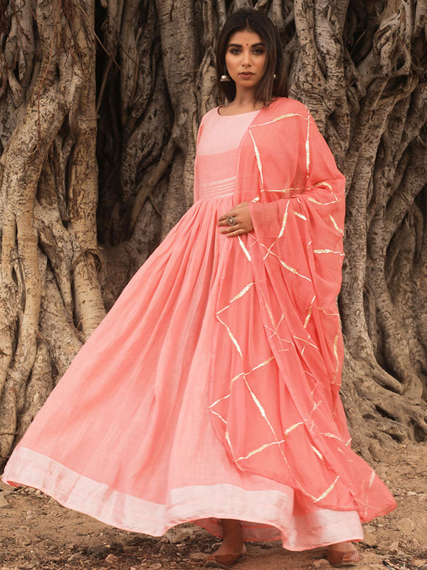 Fashionable peach color party wear full flared gown with dupatta sets | eBay