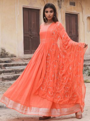 Linen Cotton Orange Gown With Chiffon Dupatta Along With Hand Gota Kurta Set