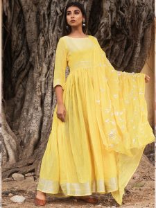 Linen Cotton Yellow Gown With Chiffon Dupatta Along With Hand Gota Kurta Set