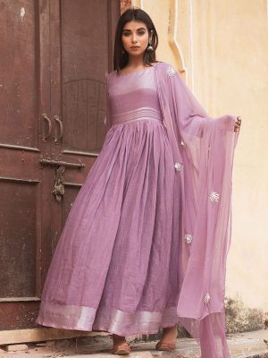 Linen Cotton Purple Gown With Chiffon Dupatta Along With Hand Gota Kurta Set