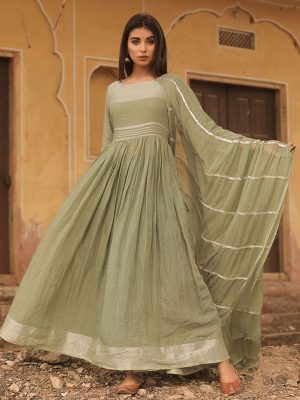 Linen Cotton Olive Gown With Chiffon Dupatta Alongwith Hand Gota Kurta Set