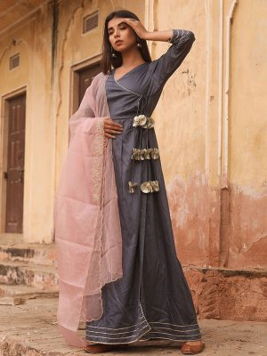 Grey Jaam Silk Gown In Angrakha Style Along With Pure Organza Kurta Dupatta Set